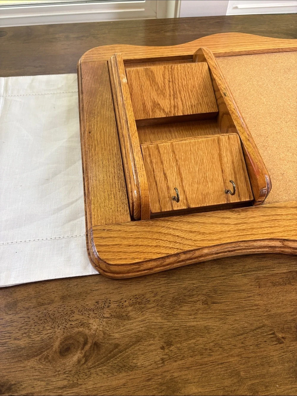 Vintage Oak Wood Wall Organizer with Cork Board, Mail Slots, and Key Hooks 22x16